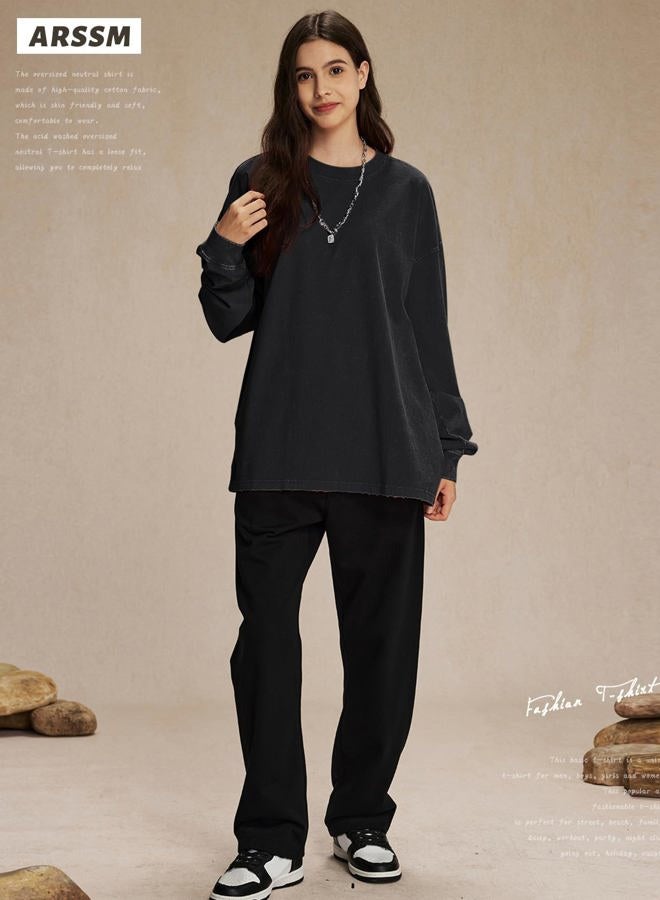 Arssm Oversized T-Shirts for Women Cotton Long Sleeve Vintage Acid Wash Baggy T Shirts, Black+khaki+army, XXL - Image 4