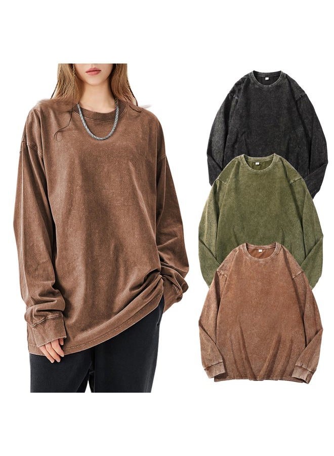 Arssm Oversized T-Shirts for Women Cotton Long Sleeve Vintage Acid Wash Baggy T Shirts, Black+khaki+army, XXL - Image 1