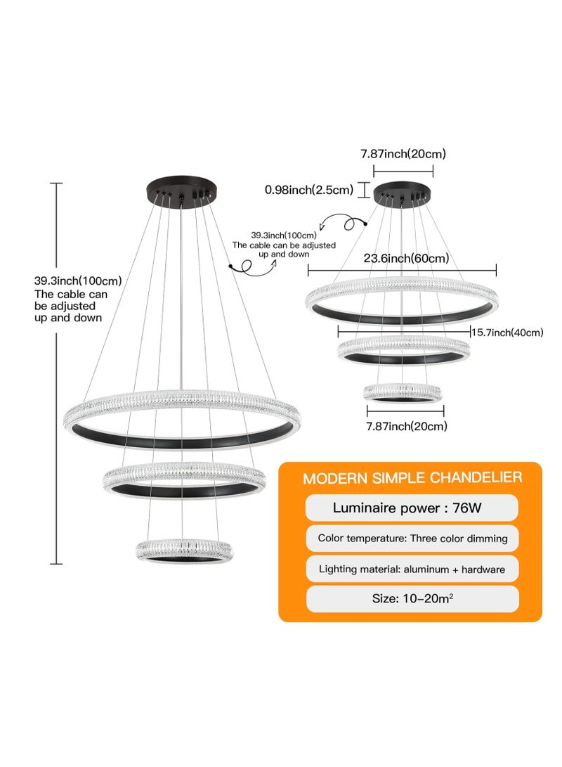 YATAI LIGHTING أدى الثريا الحديثة 3 حلقات الأسود أدى الثريا غرفة المعيشة 76 واط 4000 كيلو، أدى الإضاءة الثريا ارتفاع قابل للتعديل و ديي الثريا الإضاءة لغرفة الطعام غرفة المعيشة غرفة نوم بهو - Image 2