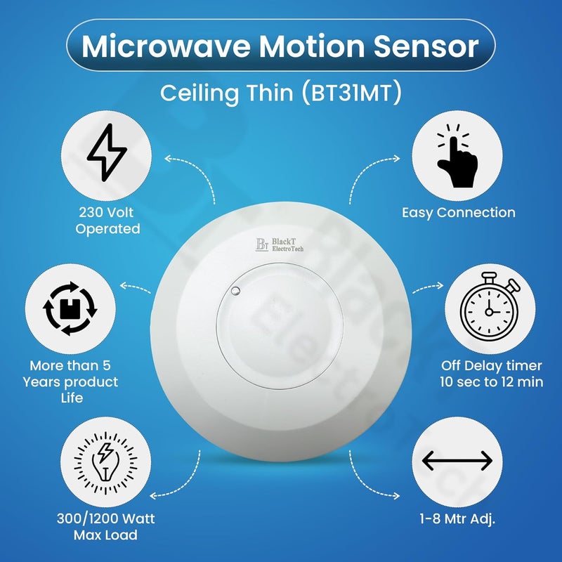 Blackt Electrotech Microwave Radar Sensor Switch Ceiling Mounted Occupancy Motion Detector for Automatic Lighting Control Slim Size