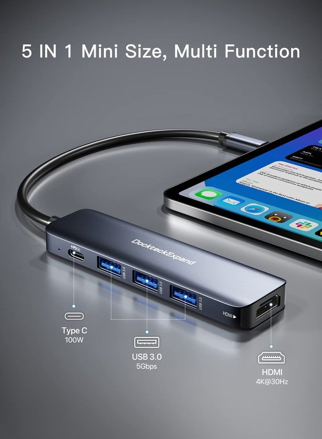 DockteckExpand USB C HUB, DockteckExpand USB-C Multiport Adapter 5 in 1 with 4K HDMI, 100W Power Delivery, 3 USB 3.0 Data Ports for MacBook Pro/Air, iPad Pro/Air/Mini 6 and More - Image 2