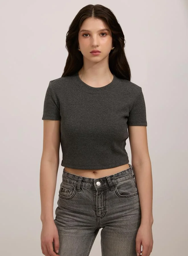 OUTZIDR Grey Basic Fitted Ribbed Top