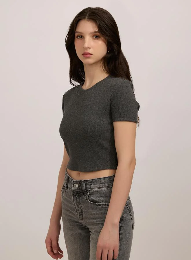 Outzidr  Grey Basic Fitted Ribbed Top for Women | Best Price UAE