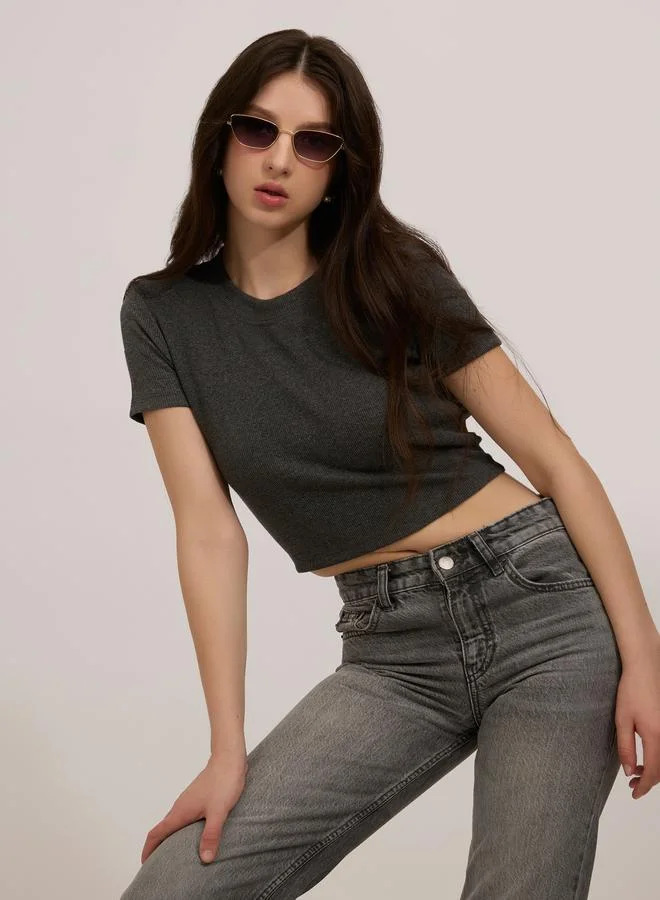 OUTZIDR Grey Basic Fitted Ribbed Top
