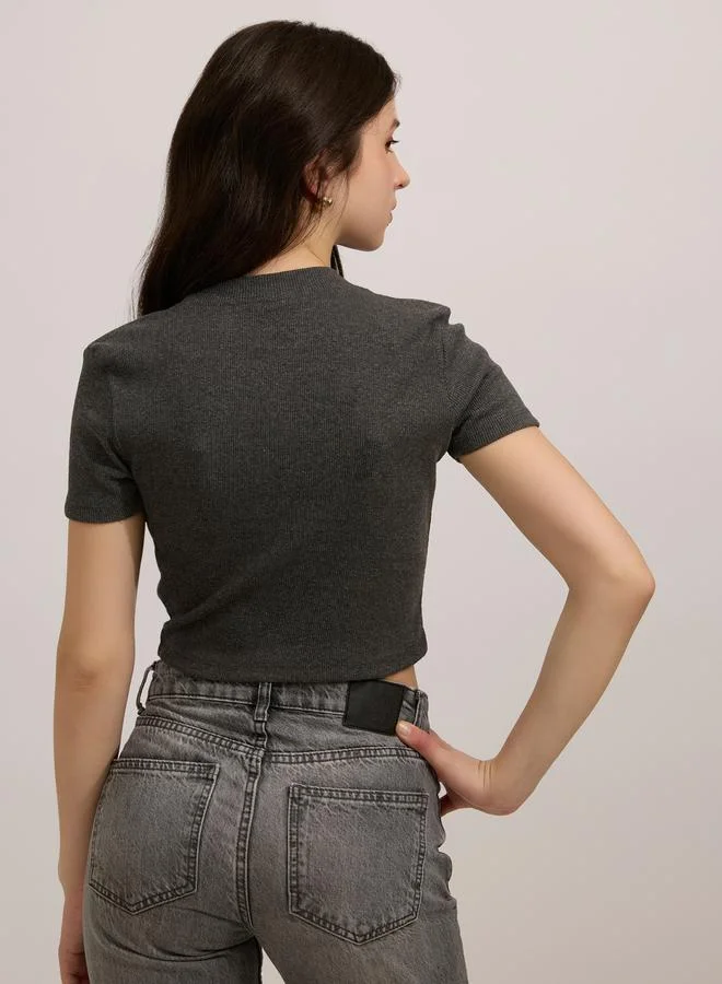 Outzidr  Grey Basic Fitted Ribbed Top for Women | Best Price UAE