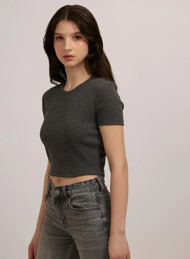 Outzidr  Grey Basic Fitted Ribbed Top for Women | Best Price UAE