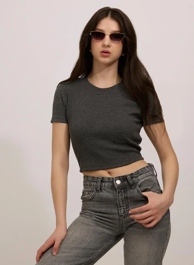 Outzidr  Grey Basic Fitted Ribbed Top for Women | Best Price UAE