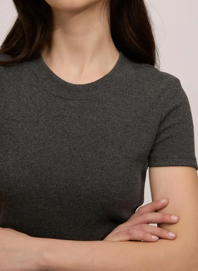 Outzidr  Grey Basic Fitted Ribbed Top for Women | Best Price UAE