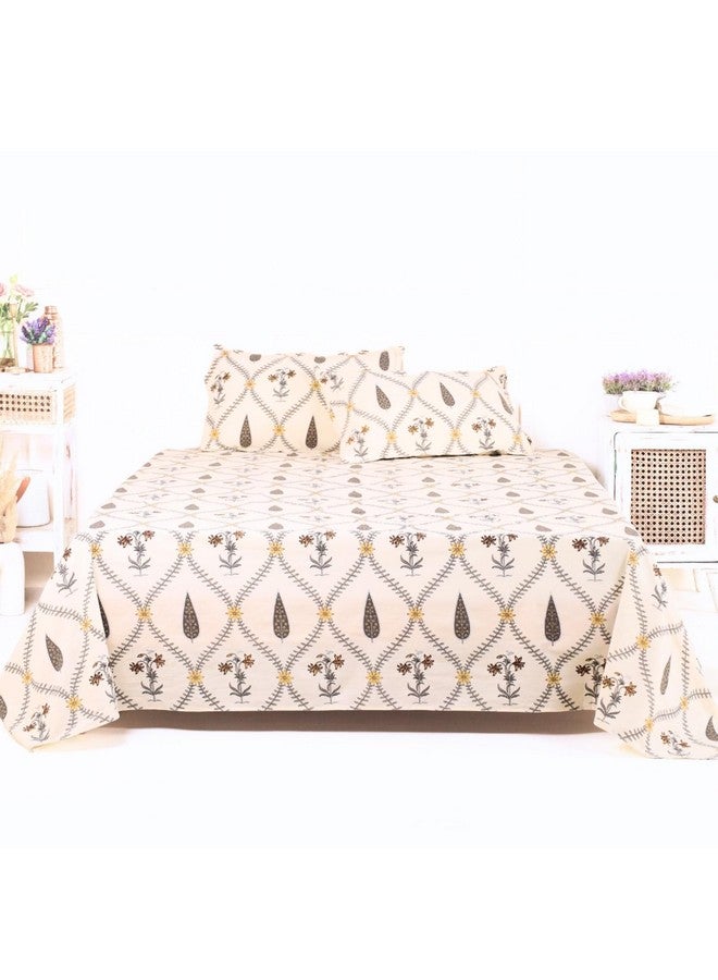 Peepul Tree Pure Cotton Hand-Block Printed Jaipuri Double Bedsheet Set with 2 Pillow Covers | Queen Size | Hand Printed Geometric Design (Cypress Yellow, Queen)