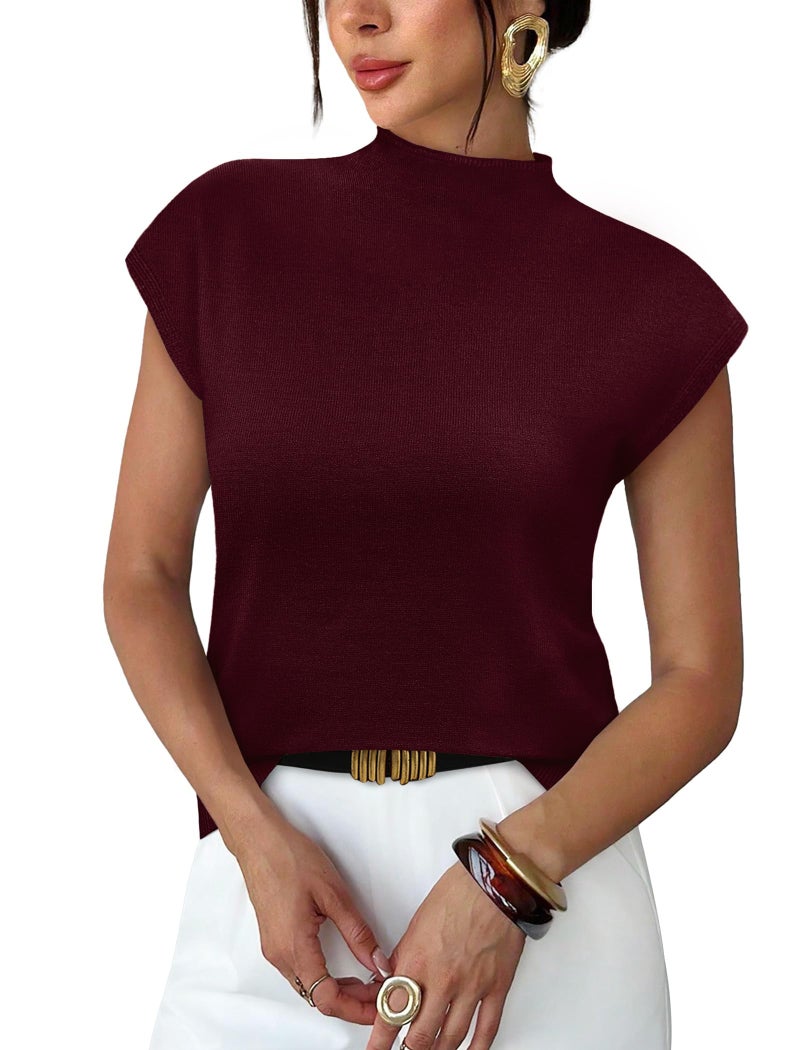 SAMPEEL Spring Tops for Women Mock Neck Sweaters Short Sleeve Shirts Dressy Business Casual Summer Outfits Basic Knit Slim Fitted Pullover Tops Sleeveless Blouses Fashion Clothing XL Burgundy - Image 1