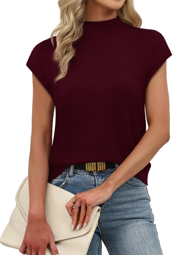 SAMPEEL Spring Tops for Women Mock Neck Sweaters Short Sleeve Shirts Dressy Business Casual Summer Outfits Basic Knit Slim Fitted Pullover Tops Sleeveless Blouses Fashion Clothing XL Burgundy - Image 3