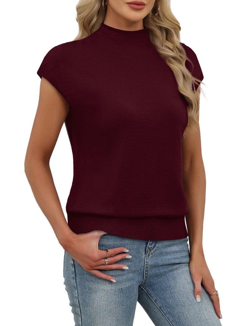SAMPEEL Spring Tops for Women Mock Neck Sweaters Short Sleeve Shirts Dressy Business Casual Summer Outfits Basic Knit Slim Fitted Pullover Tops Sleeveless Blouses Fashion Clothing XL Burgundy - Image 4
