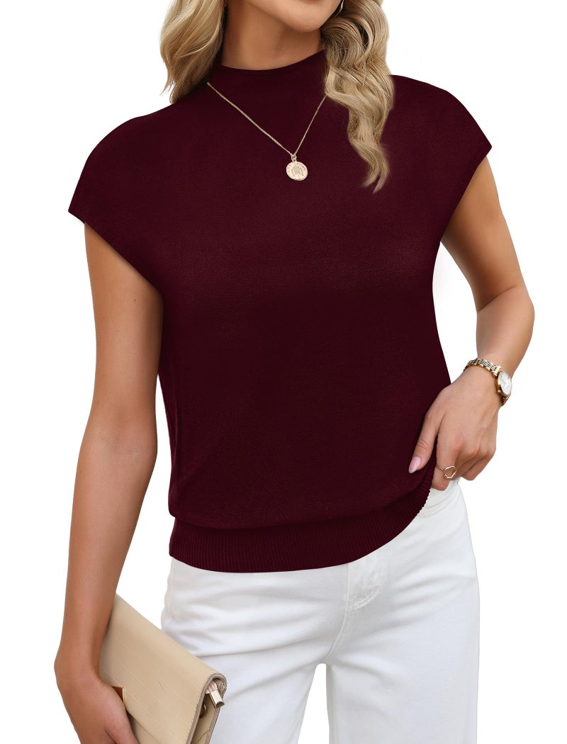 SAMPEEL Spring Tops for Women Mock Neck Sweaters Short Sleeve Shirts Dressy Business Casual Summer Outfits Basic Knit Slim Fitted Pullover Tops Sleeveless Blouses Fashion Clothing XL Burgundy - Image 2