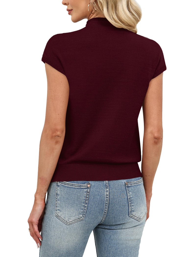 SAMPEEL Spring Tops for Women Mock Neck Sweaters Short Sleeve Shirts Dressy Business Casual Summer Outfits Basic Knit Slim Fitted Pullover Tops Sleeveless Blouses Fashion Clothing XL Burgundy - Image 5
