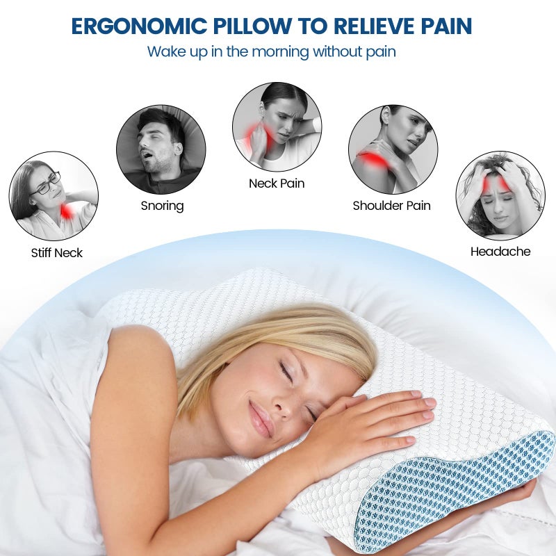 Polovo Neck Pillow Contour Memory Foam Pillows for Pain Relief Bed Pillow for Sleeping, Ergonomic Pillow for Neck and Shoulder Pain, Orthopedic Cervical Pillow for Side Back Stomach Sleeper(White&Blue) - Image 4