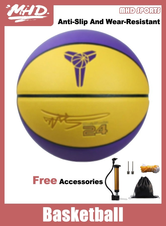 Size 7 Official Game Basketball - Non - Slip & Durable for Indoor/Outdoor Concrete Courts - Includes Bag, Pump, Needle & Net