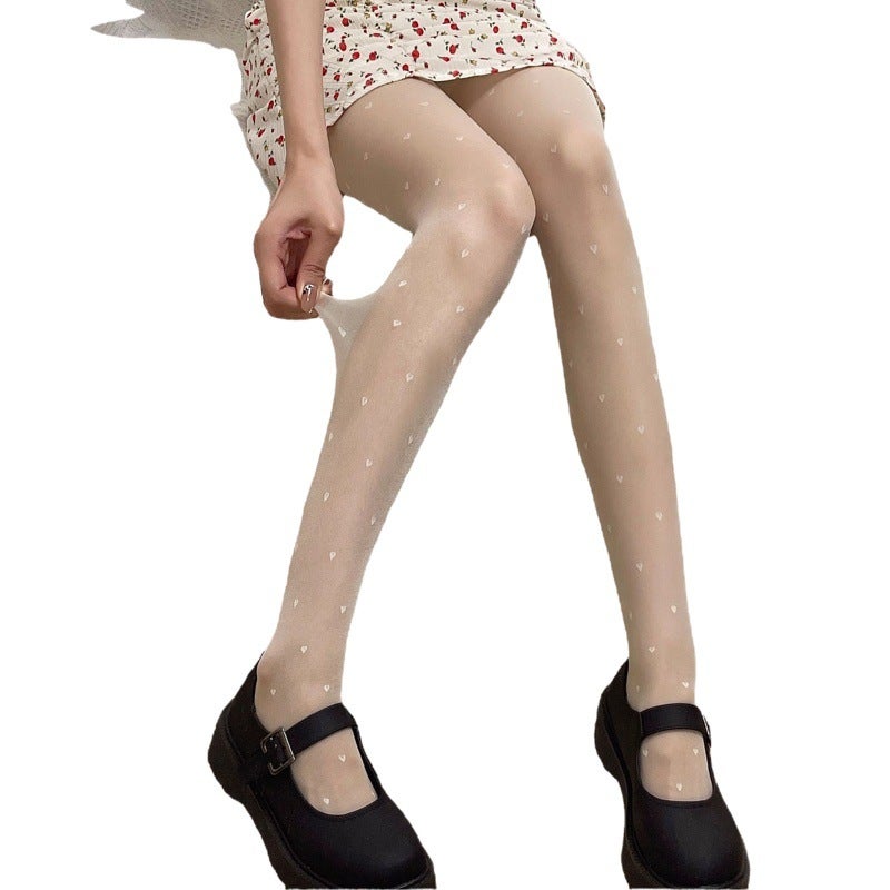 Summer Ultra-thin Japanese Style Retro Milk White Core-spun Silk Heart Jacquard Transparent Silk Stockings Black Silk Base Pantyhose Women - Image 2