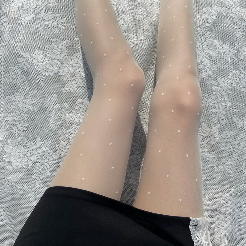 Summer Ultra-thin Japanese Style Retro Milk White Core-spun Silk Heart Jacquard Transparent Silk Stockings Black Silk Base Pantyhose Women - Image 1