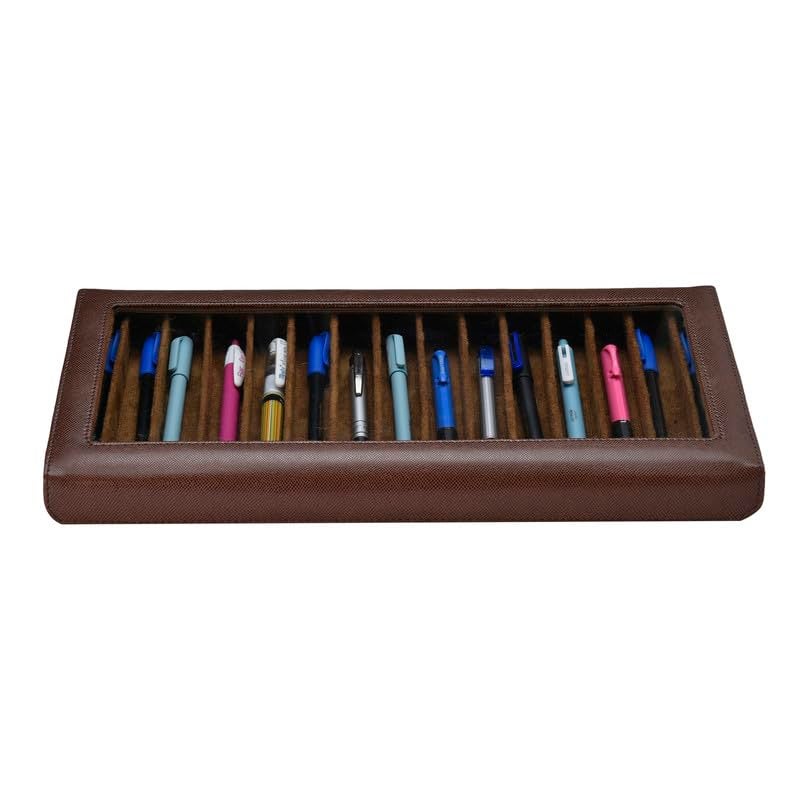 essart Faux Leather Travel Accessories Pen Transparent Display Organizer Box For 15 Pens In Snakebit-Tan Color, Brown - Image 2