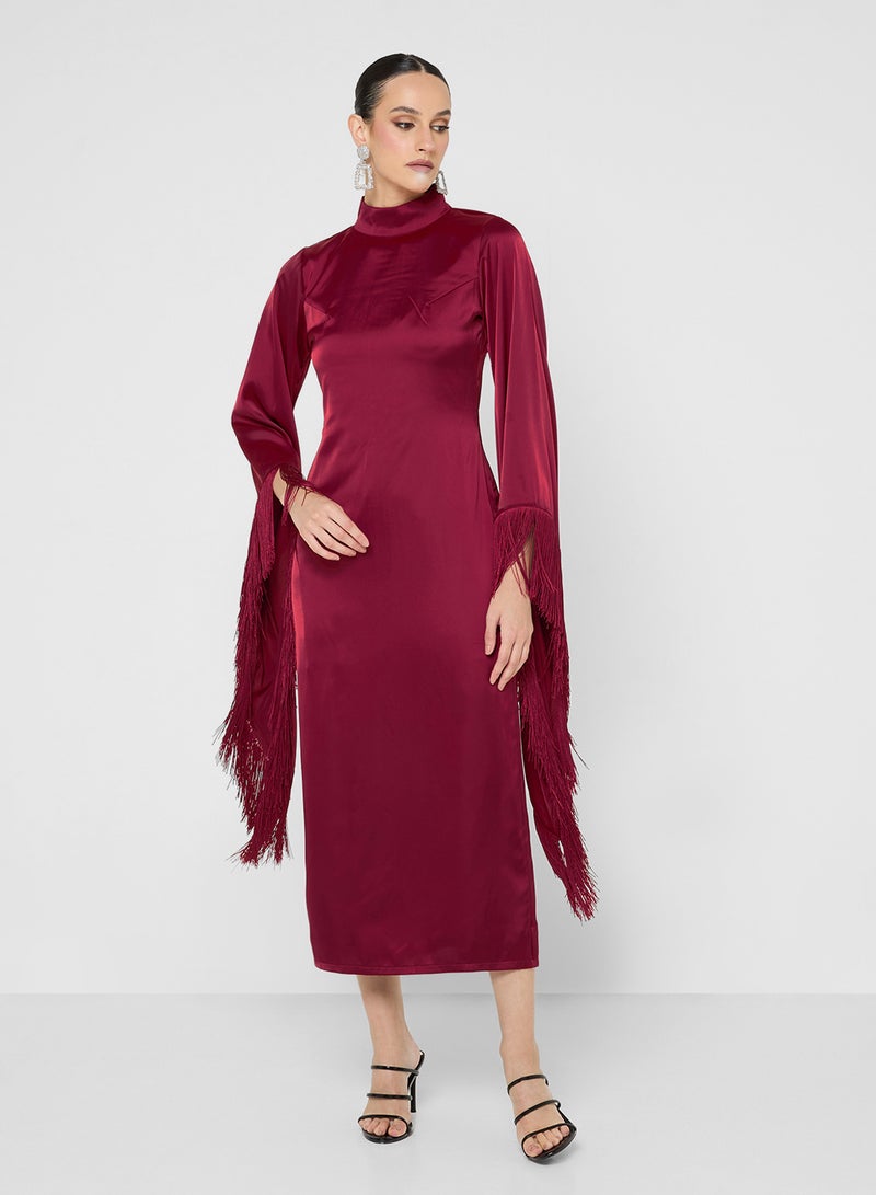 FYOR Timeless Maroon Long-Sleeve Robe Dress with High Neckline - Image 4