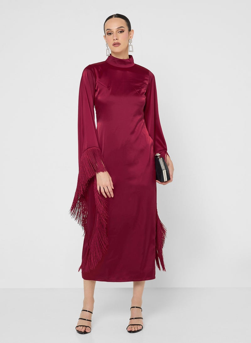 FYOR Timeless Maroon Long-Sleeve Robe Dress with High Neckline - Image 1
