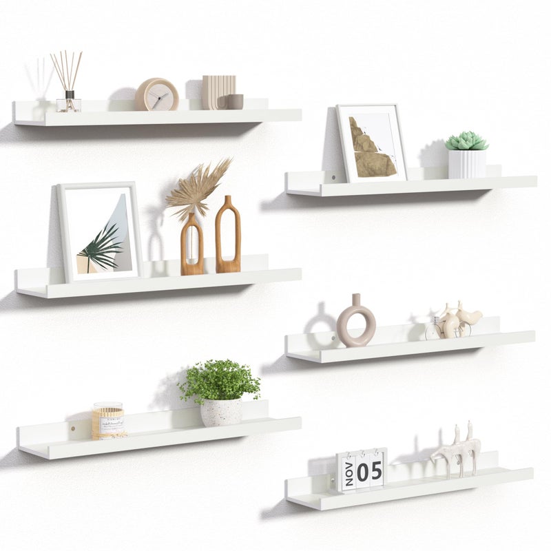 upsimples Floating Shelves for Wall, 23.6 Inch Shelves for Decor Storage Set of 6, Wall Mounted Wood Shelf for Bedroom, Living Room, Bathroom, Kitchen, Long Picture Ledge Shelves, White - Image 1
