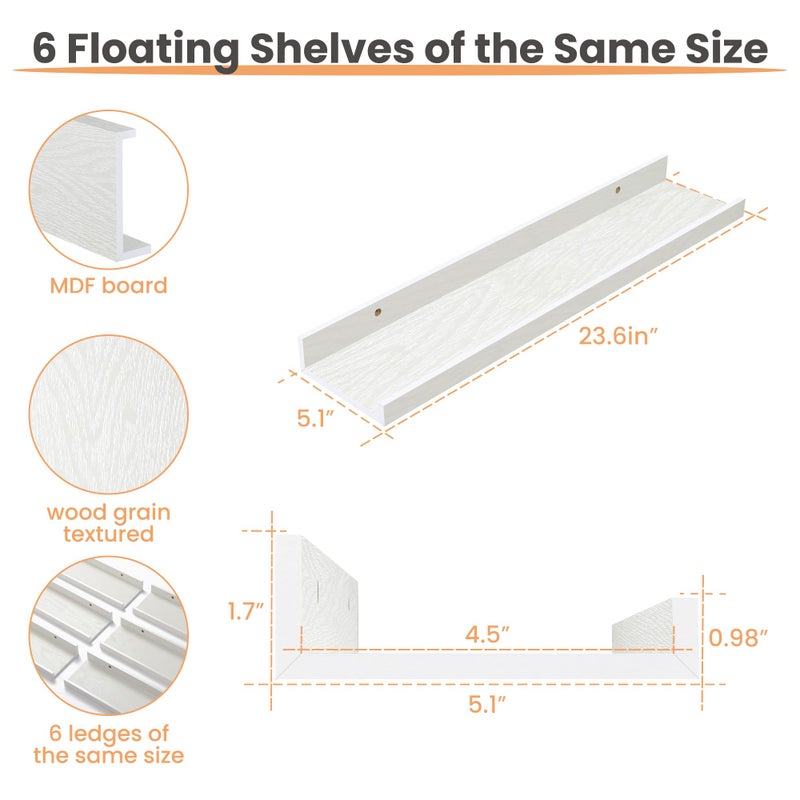 upsimples Floating Shelves for Wall, 23.6 Inch Shelves for Decor Storage Set of 6, Wall Mounted Wood Shelf for Bedroom, Living Room, Bathroom, Kitchen, Long Picture Ledge Shelves, White - Image 3