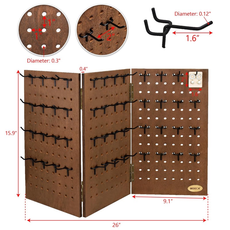 MOOCA Wall-Mountable Wooden Foldable 3-Panel Pegboard Jewelry Display Organizer with 48 Removable Black Hooks, Vertical or Horizontal Display, Ideal for Travel, Brown Color - Image 2