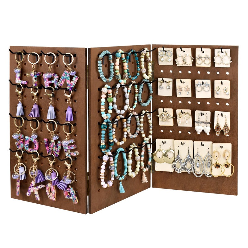 MOOCA Wall-Mountable Wooden Foldable 3-Panel Pegboard Jewelry Display Organizer with 48 Removable Black Hooks, Vertical or Horizontal Display, Ideal for Travel, Brown Color - Image 4