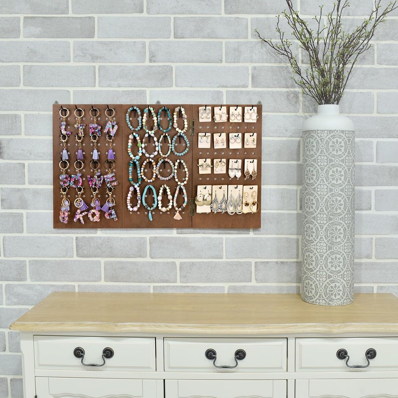 MOOCA Wall-Mountable Wooden Foldable 3-Panel Pegboard Jewelry Display Organizer with 48 Removable Black Hooks, Vertical or Horizontal Display, Ideal for Travel, Brown Color - Image 3