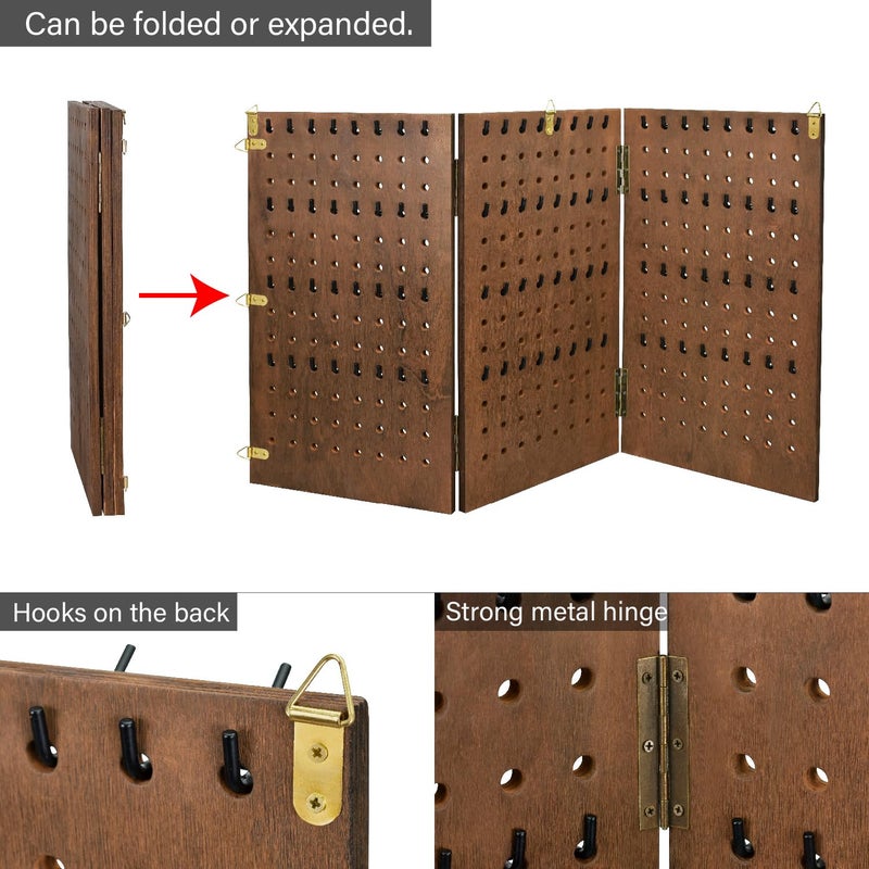 MOOCA Wall-Mountable Wooden Foldable 3-Panel Pegboard Jewelry Display Organizer with 48 Removable Black Hooks, Vertical or Horizontal Display, Ideal for Travel, Brown Color - Image 5