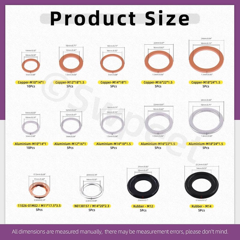 Swpeet 80Pcs 14 Types Oil Drain Plug Gasket Assortment Kit, Aluminum/Copper/Rubber Oil Crush Washers Seals Kit Compatible with Toyota Honda Subaru VW Audi Mercedes Benz - Image 2