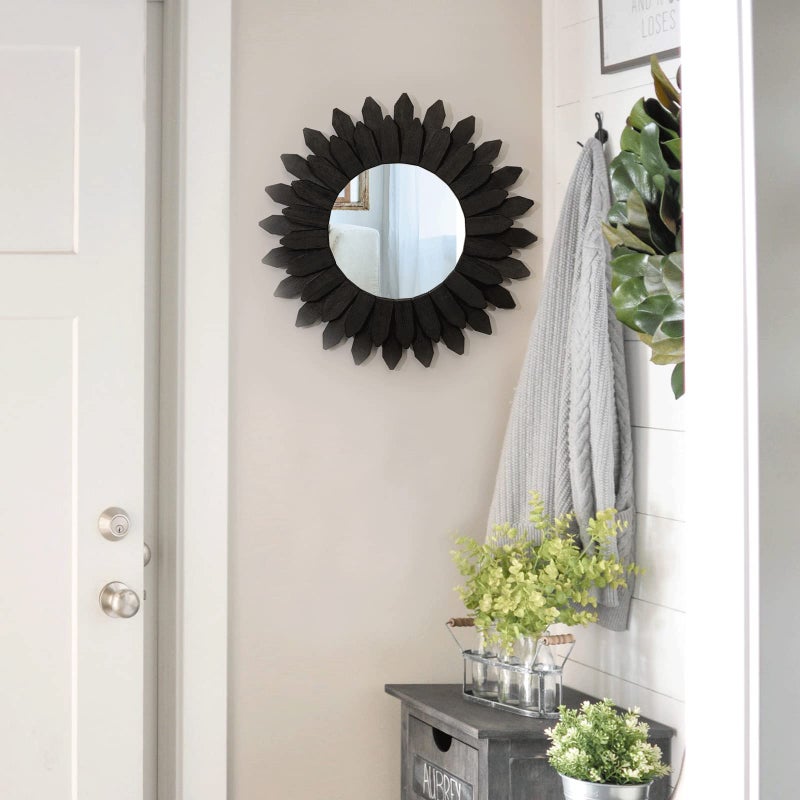 Honiway Black Wall Decor Wall Mirror 12 inch Boho Wall Decor Wood Decorative Mirror for Room Decor Home Decor for Bedroom Living Room Bathroom Kitchen Black - Image 3