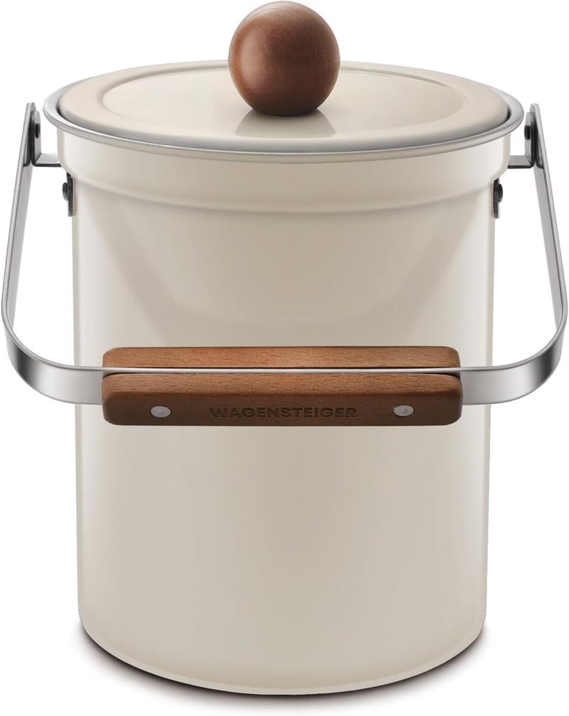 WAGENSTEIGER Kitchen Countertop Compost Bin 101ounces / 3Liters, Airtight Lid SUS304 Stainless Steel Odor-Free Food Waste Bin with Wooden Handle Stylish Design Bathroom Trash Can (Off-White) - Image 1