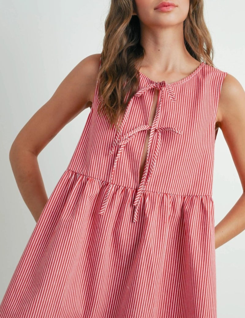 Meyhad Womens Mini Red Stripe Bowknot Dress Round Neck Sleeveless A Line Casual Dresses(0943-Red-M) - Image 3