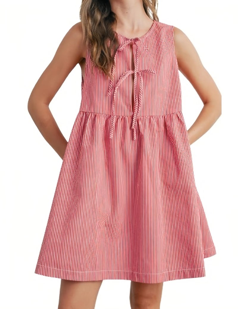 Meyhad Womens Mini Red Stripe Bowknot Dress Round Neck Sleeveless A Line Casual Dresses(0943-Red-M) - Image 1