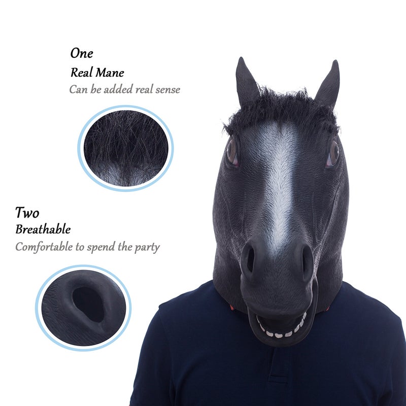 MOLEZU Black Horse Head Mask for Adult, Rubber Latex Animal Mask for Halloween Costume Party Masquerade - Image 5