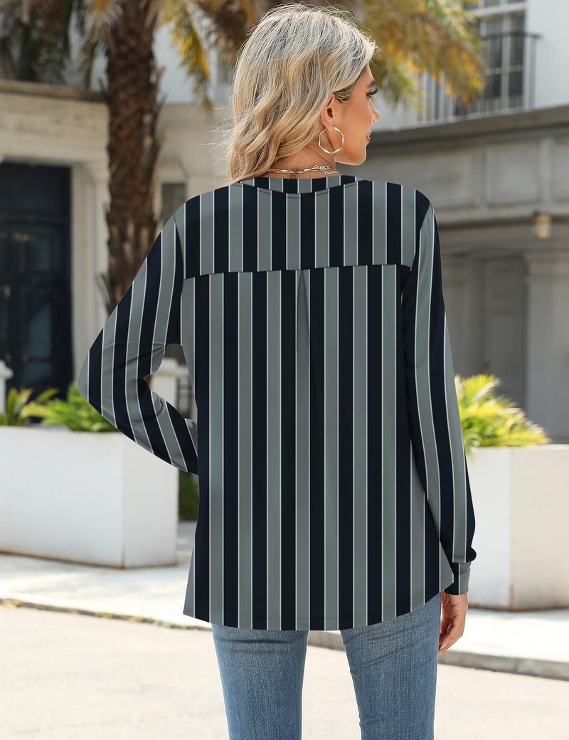 Micoson Blouses for Women Dressy Casual V Neck Long Sleeve Shirts Loose Business Casual Tops Classic Crinkle Tops Black Grey Stripes XL - Image 3