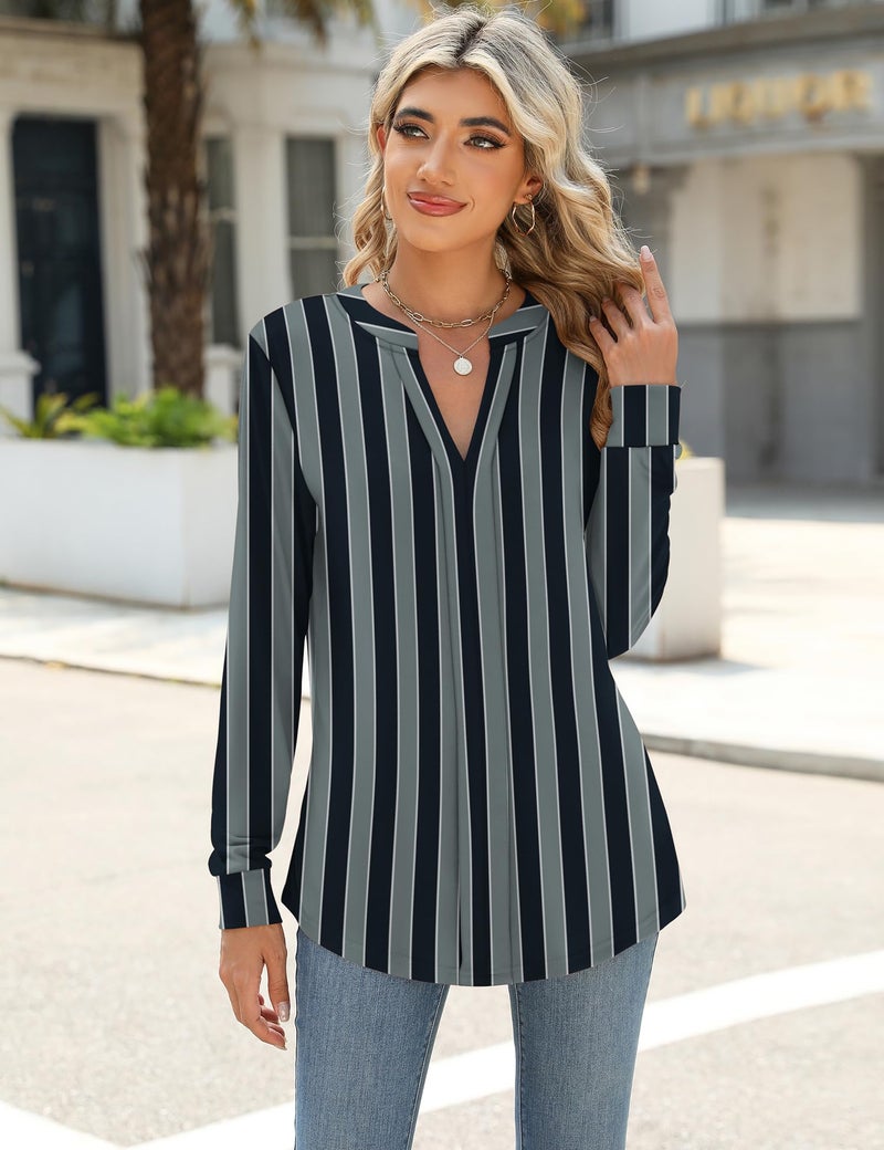 Micoson Blouses for Women Dressy Casual V Neck Long Sleeve Shirts Loose Business Casual Tops Classic Crinkle Tops Black Grey Stripes XL - Image 2