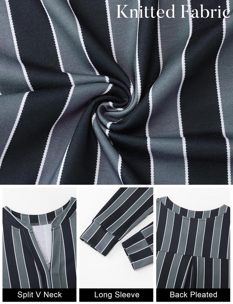 Micoson Blouses for Women Dressy Casual V Neck Long Sleeve Shirts Loose Business Casual Tops Classic Crinkle Tops Black Grey Stripes XL - Image 5
