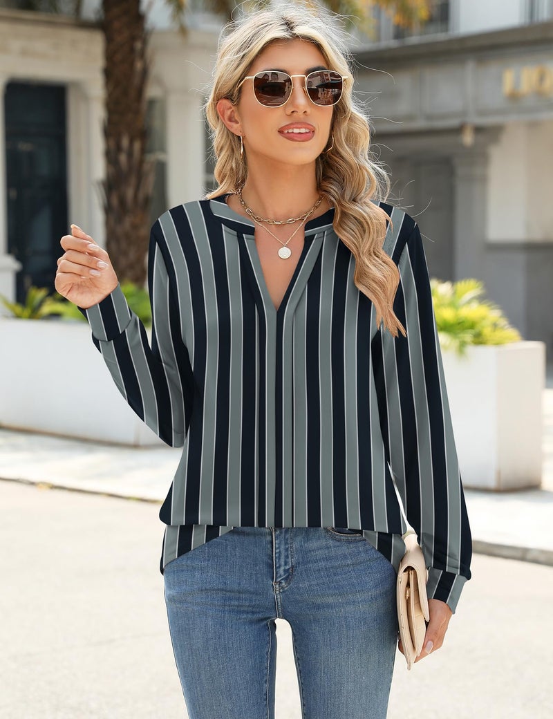 Micoson Blouses for Women Dressy Casual V Neck Long Sleeve Shirts Loose Business Casual Tops Classic Crinkle Tops Black Grey Stripes XL - Image 4