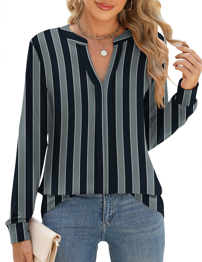 Micoson Blouses for Women Dressy Casual V Neck Long Sleeve Shirts Loose Business Casual Tops Classic Crinkle Tops Black Grey Stripes XL - Image 1