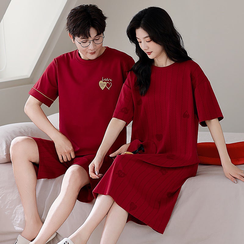 New Summer Couple Pajamas for Women, Short-Sleeved Pure Cotton Wedding Nightgown, Men's Zodiac Year Red Home Wear Set - Image 5
