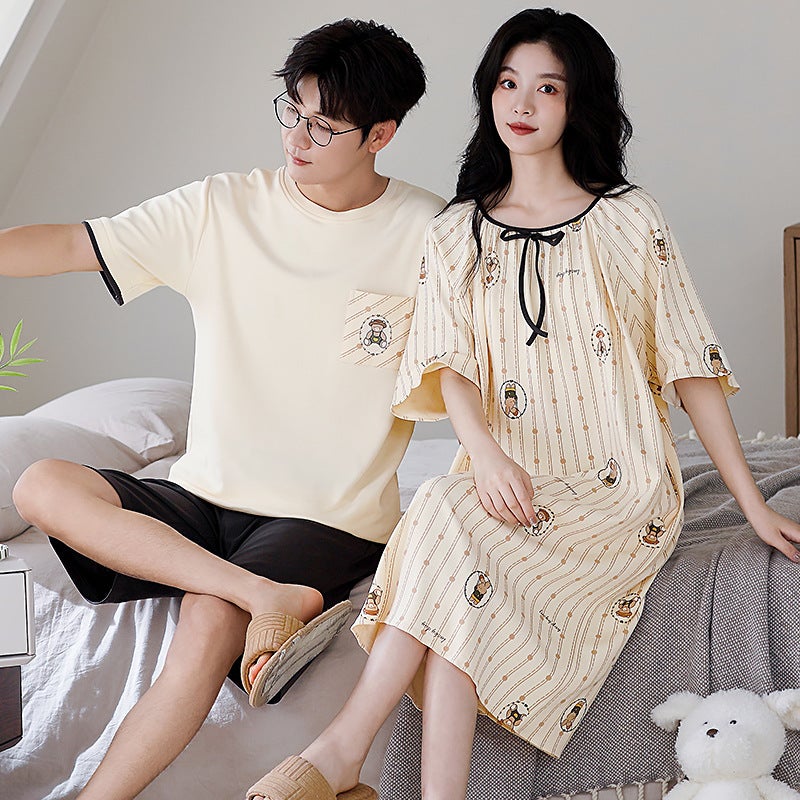 New Summer Couple Pajamas for Women, Short-Sleeved Pure Cotton Wedding Nightgown, Men's Zodiac Year Red Home Wear Set - Image 1