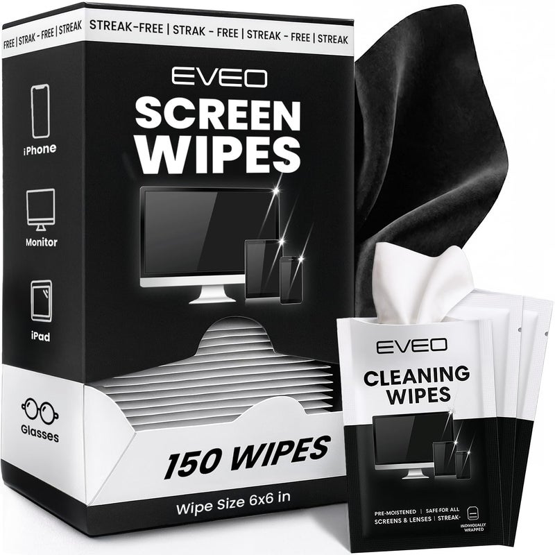 EVEO Screen Wipes (150 Pack) - Electronic Wipes, Computer Screen Cleaner Wipes for Electronics | Computer Screen Wipes Phone Wipes & Lens Wipes for PC, Laptop, Phone, Car & More - Microfiber Included - Image 1