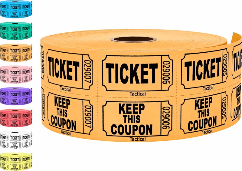 1000 Tacticai Raffle Tickets Orange 1 of 8 Colors Double Roll Ticket for Events Entry Class Reward Fundraiser Prizes