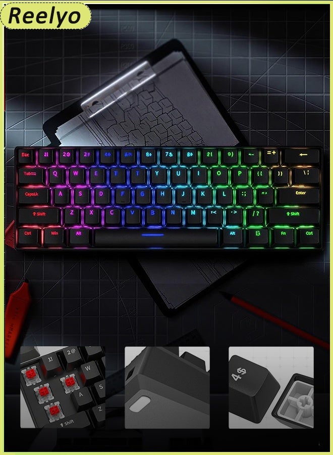 Reelyo Mechanical Gaming Keyboard English Arabic  With RGB LED Rainbow Backlit Quick Response USB Wired E-sport Waterproof 61 Keys Keyboard For Windows/MacOS/Android And PC Gamers  - Image 1