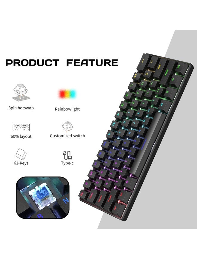 Reelyo Mechanical Gaming Keyboard English Arabic  With RGB LED Rainbow Backlit Quick Response USB Wired E-sport Waterproof 61 Keys Keyboard For Windows/MacOS/Android And PC Gamers - Image 4