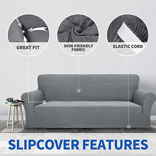 ZNSAYOTX 1 Piece Jacquard Couch Covers for 3 Cushion Couch Living Room High Stretch Sofa Cover Pets Dogs Friendly Anti Slip Thickened Slipcovers Furniture Protector (Sofa, Light Grey) - Image 3
