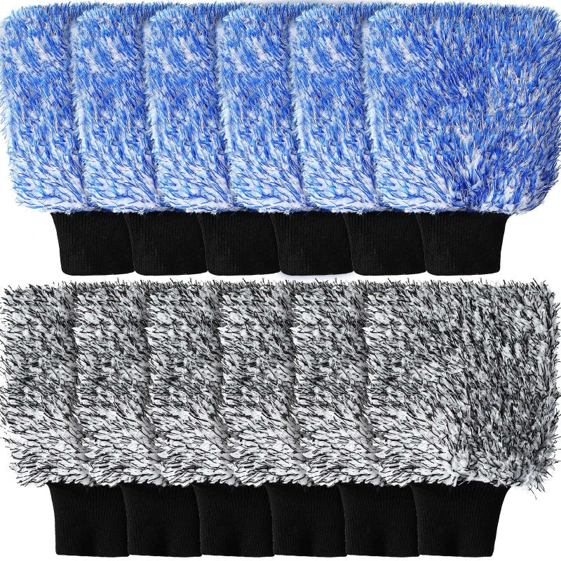Riakrum 12 Pcs Microfiber Car Wash Mitts Scratch Free Ultra Absorbent Car Sponge Glove Cleaner Wash Mitts for Car Wheel Trucks Home Cleaning Black and WhiteBlue and White
